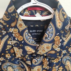 Men's Paisley Shirt - Blue and Gold (L)